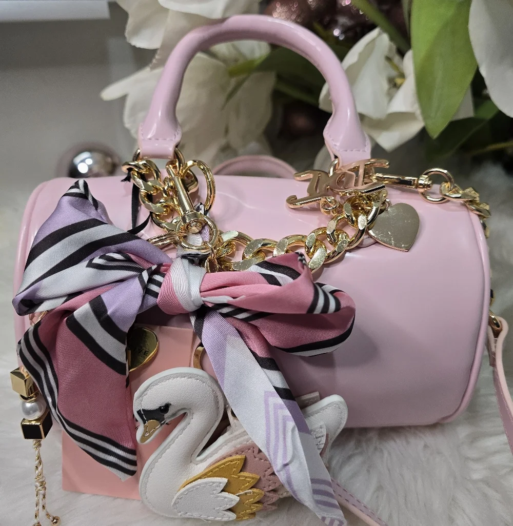 Juicy Couture Chiffon Pink love leather heart barrel with silky Scarf new